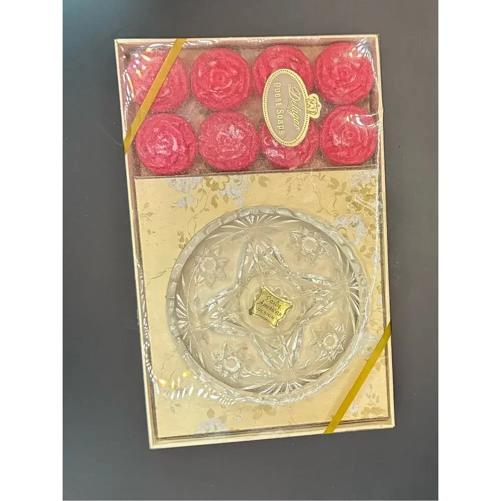 Vintage 1960s Delagar Guest Soap Set| Roses Pressed Glass Dish Vanity EAPC NOS